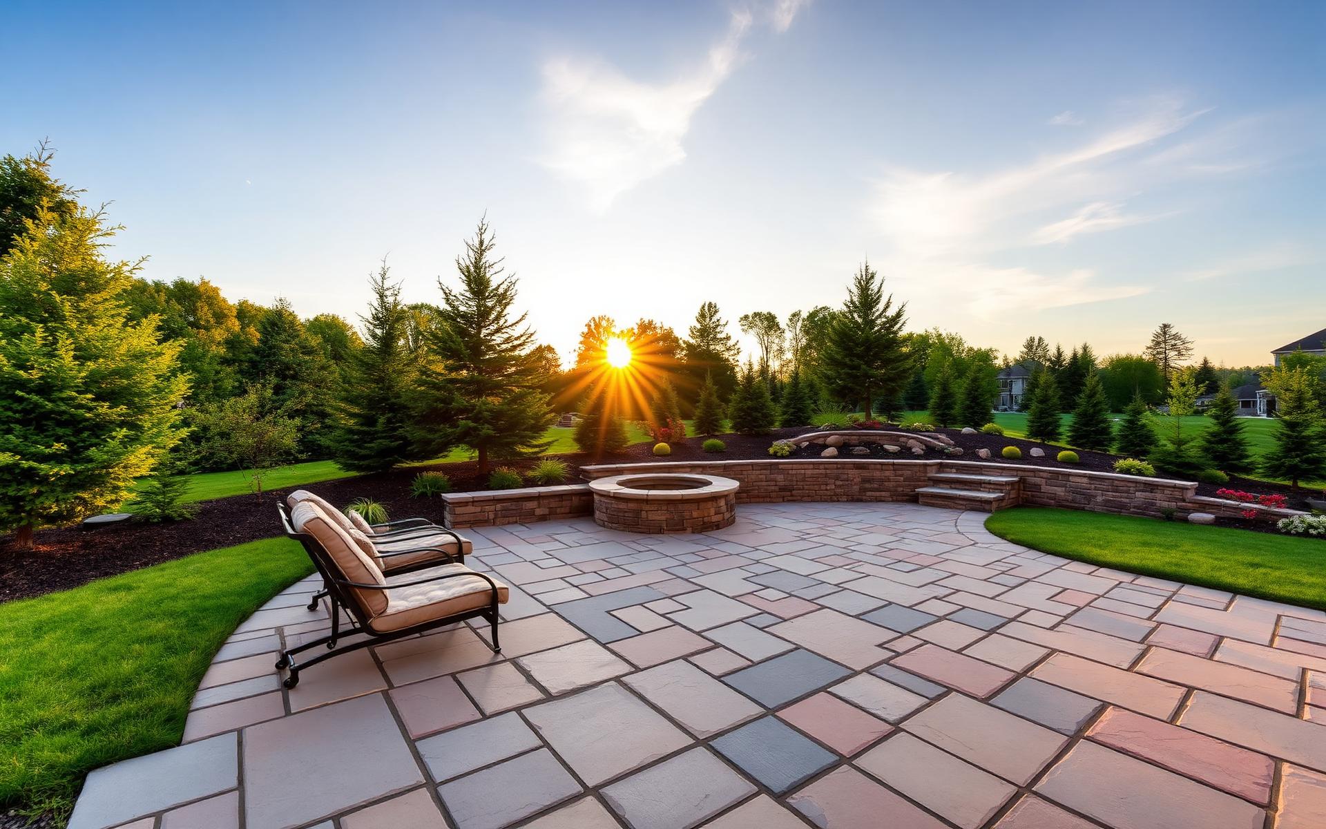 Finished stone patio with fire pit at sunset